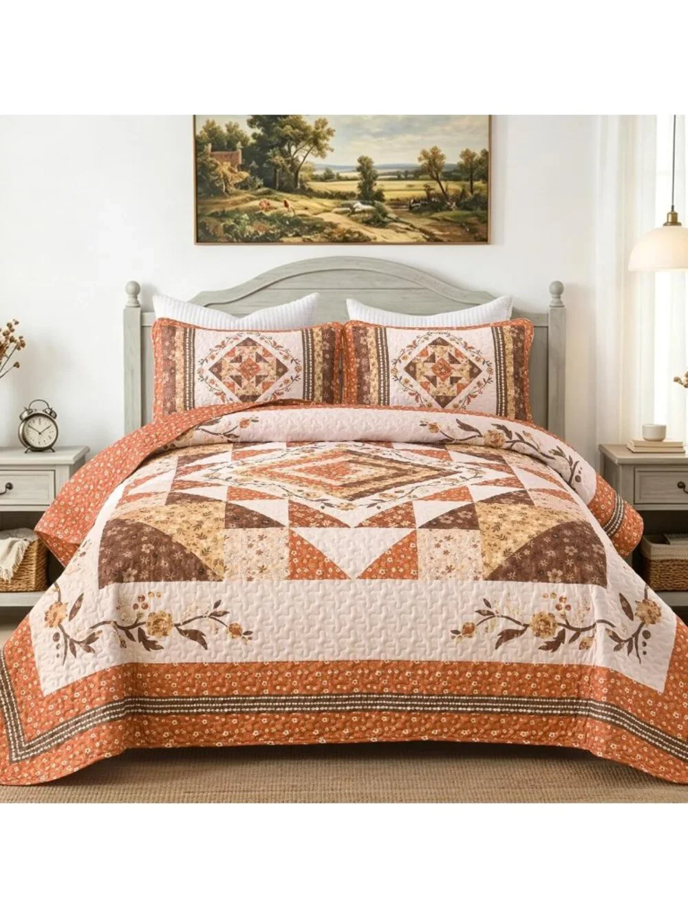 Cozy Patchwork Queen Quilt Set - Fall Orange Floral Farmhouse Bedspread